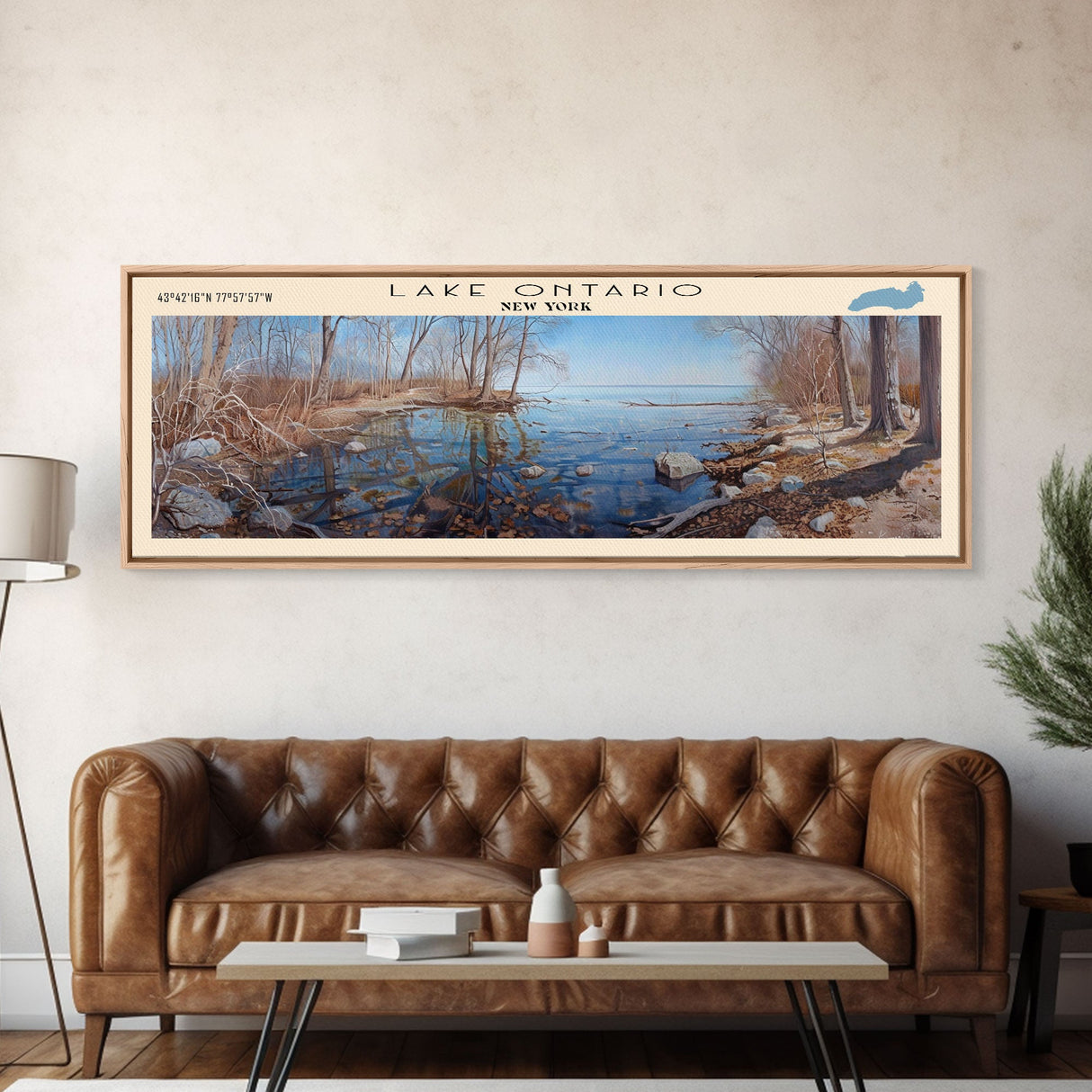 Lake Ontario Framed Canvas Print, Lake House Decor, Panoramic Wall Art, Travel Poster, Serene Landscape Painting, Rustic Art