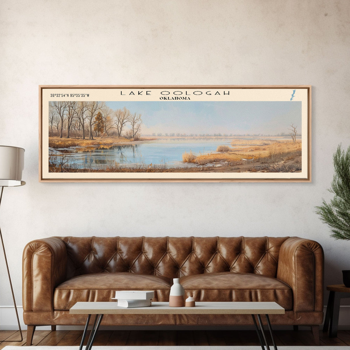 Lake Oologah Oklahoma Framed Canvas Print, Lake House Decor, Panoramic Wall Art, Travel Poster, Serene Landscape Painting, Bedroom Decor