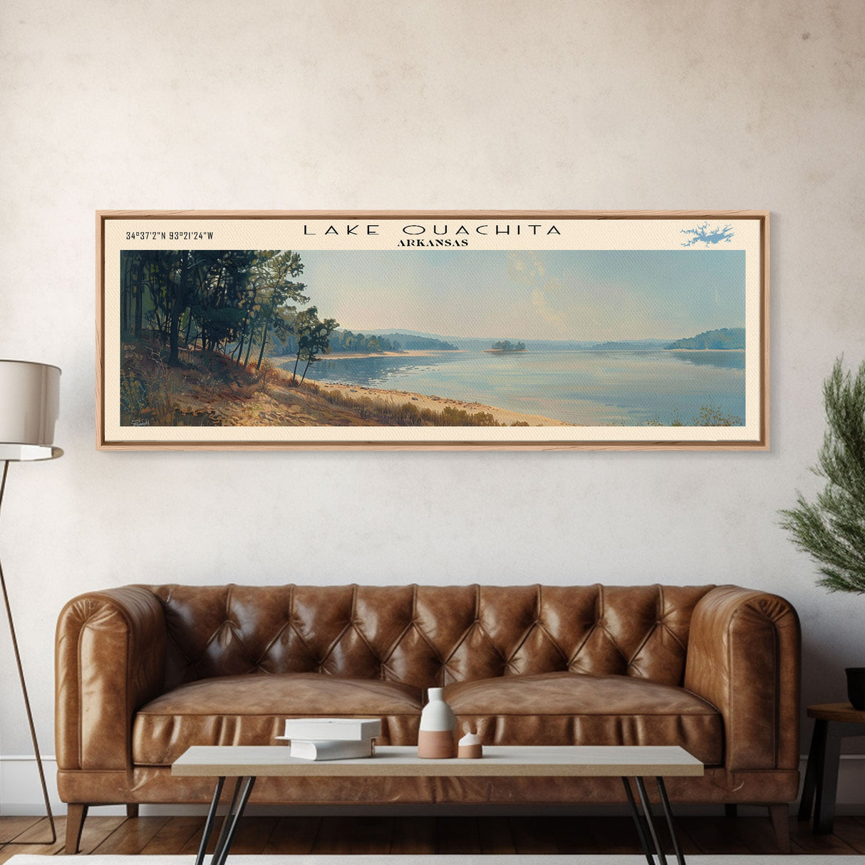 Lake Ouachita Arkansas Framed Canvas Print, Lake House Decor, Panoramic Wall Art, Travel Poster, Scenic Landscape Painting, Living Room Decor