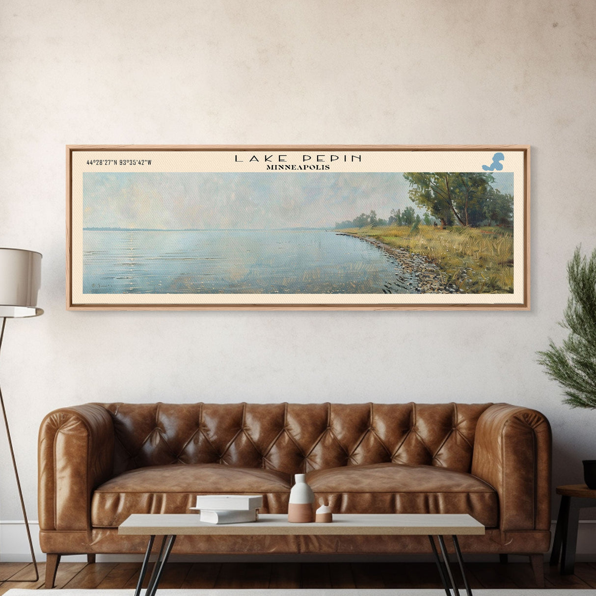 Lake Pepin Minneapolis Framed Canvas Print, Lake House Decor, Panoramic Wall Art, Travel Poster, Stunning Landscape Painting, Contemporary Art