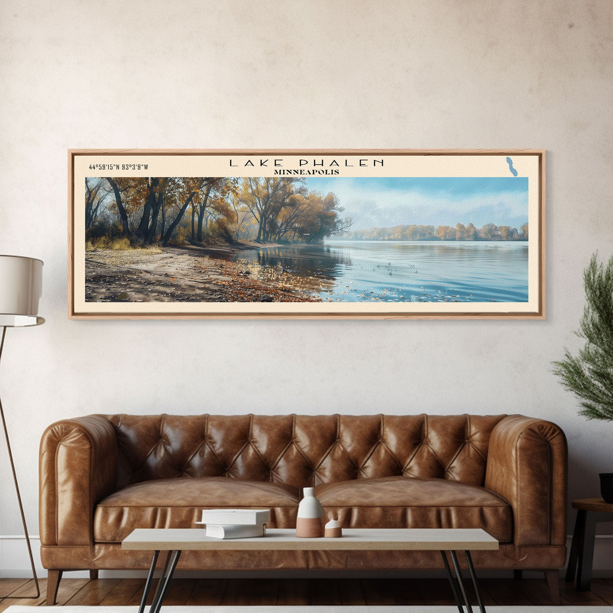 Lake Phalen Minneapolis Framed Canvas Print, Lake House Decor, Panoramic Wall Art, Travel Poster, Serene Landscape Painting, Rustic Art