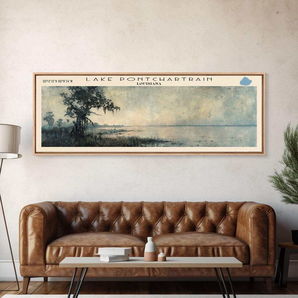 Lake Pontchartrain Louisiana Framed Canvas Print, Lake House Decor, Panoramic Wall Art, Travel Poster, Beautiful Landscape Painting, Living Room Decor