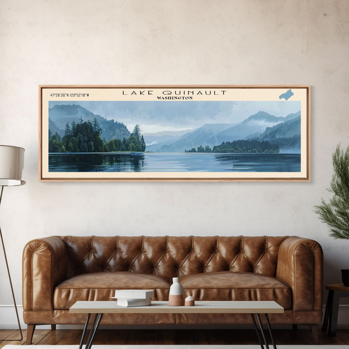 Lake Quinault Washington Framed Canvas Print, Lake House Decor, Panoramic Wall Art, Travel Poster, Beautiful Landscape Painting, Rustic Art