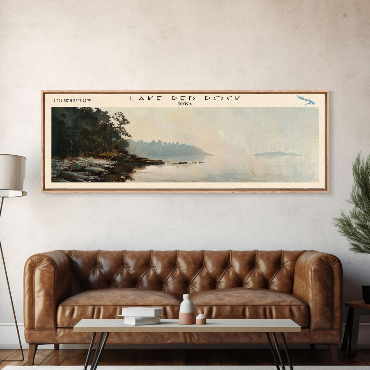 Lake Red Rock Iowa Framed Canvas Print, Lake House Decor, Panoramic Wall Art, Travel Poster, Beautiful Landscape Painting, Modern Art