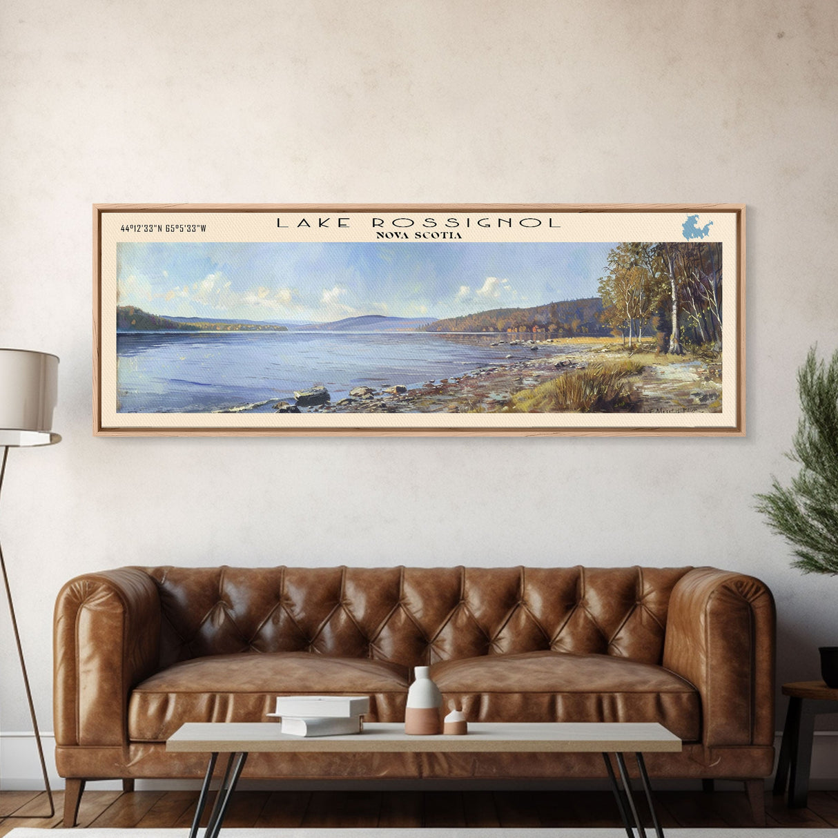 Lake Rossignol Framed Canvas Print, Lake House Decor, Panoramic Wall Art, Travel Poster, Stunning Landscape Painting, Contemporary Art