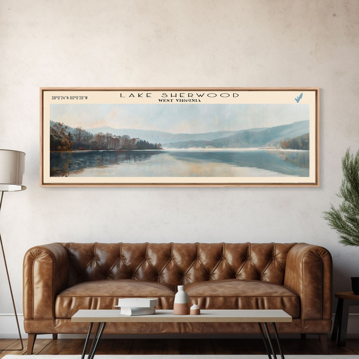 Lake Sherwood West Virginia Framed Canvas Print, Lake House Decor, Panoramic Wall Art, Travel Poster, Serene Landscape Painting, Living Room Decor