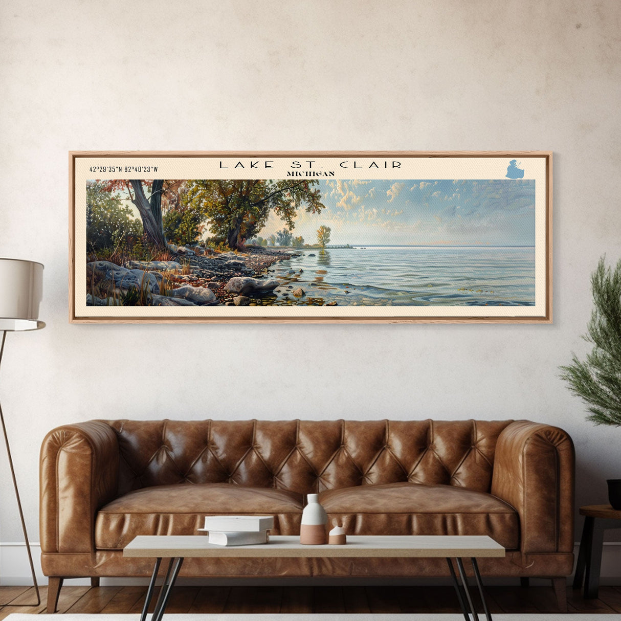 Lake St. Clair Michigan Framed Canvas Print, Lake House Decor, Panoramic Wall Art, Travel Poster, Serene Landscape Painting, Rustic Art