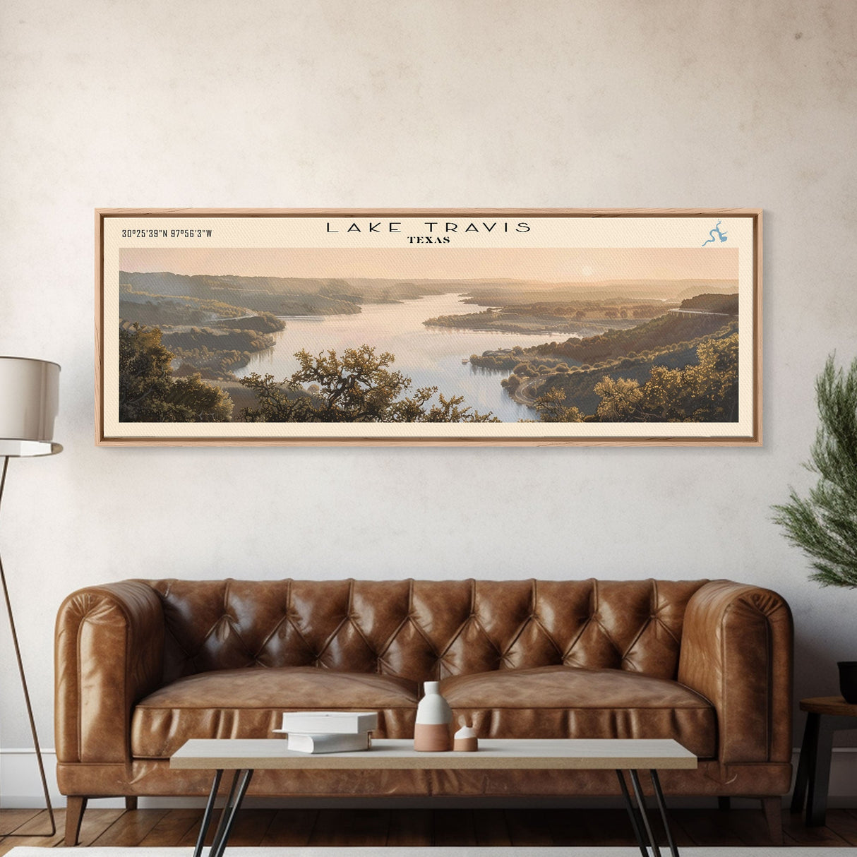 Lake Travis Texas Framed Canvas Print, Lake House Decor, Panoramic Wall Art, Travel Poster, Stunning Landscape Painting, Contemporary Art