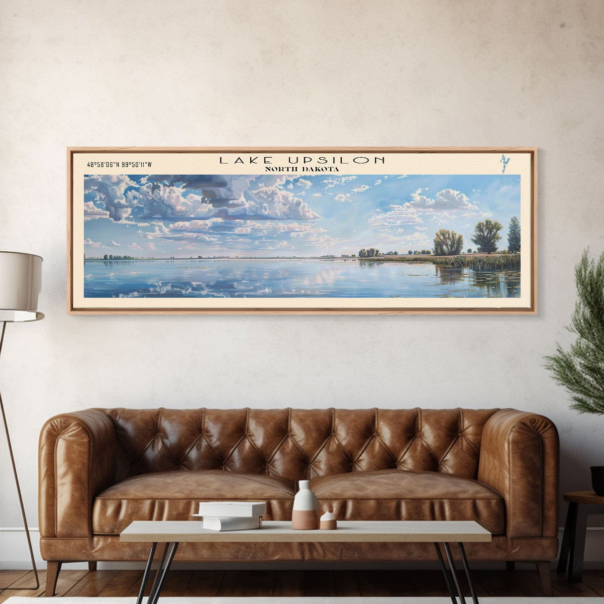 Lake Upsilon North Dakota Framed Canvas Print, Lake House Decor, Panoramic Wall Art, Travel Poster, Beautiful Landscape Painting, Modern Art