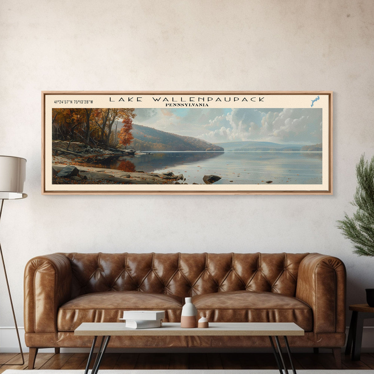 Lake Wallenpaupack Pennsylvania Framed Canvas Print, Lake House Decor, Panoramic Wall Art, Travel Poster, Beautiful Landscape Painting, Living Room Decor