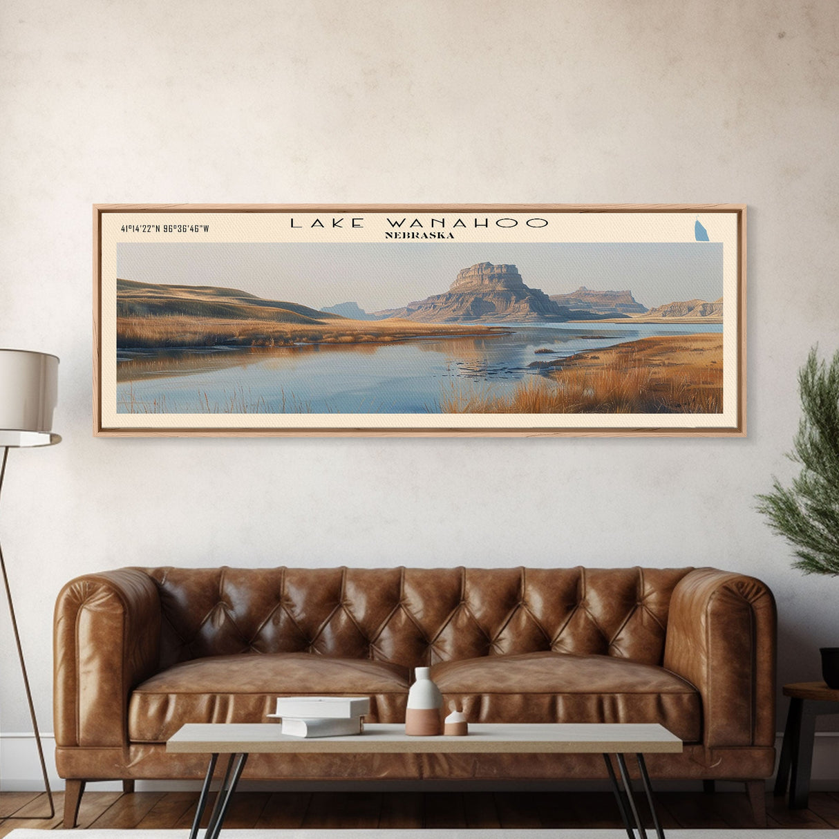 Lake Wanahoo Nebraska Framed Canvas Print, Lake House Decor, Panoramic Wall Art, Travel Poster, Landscape Painting, Bedroom Decor