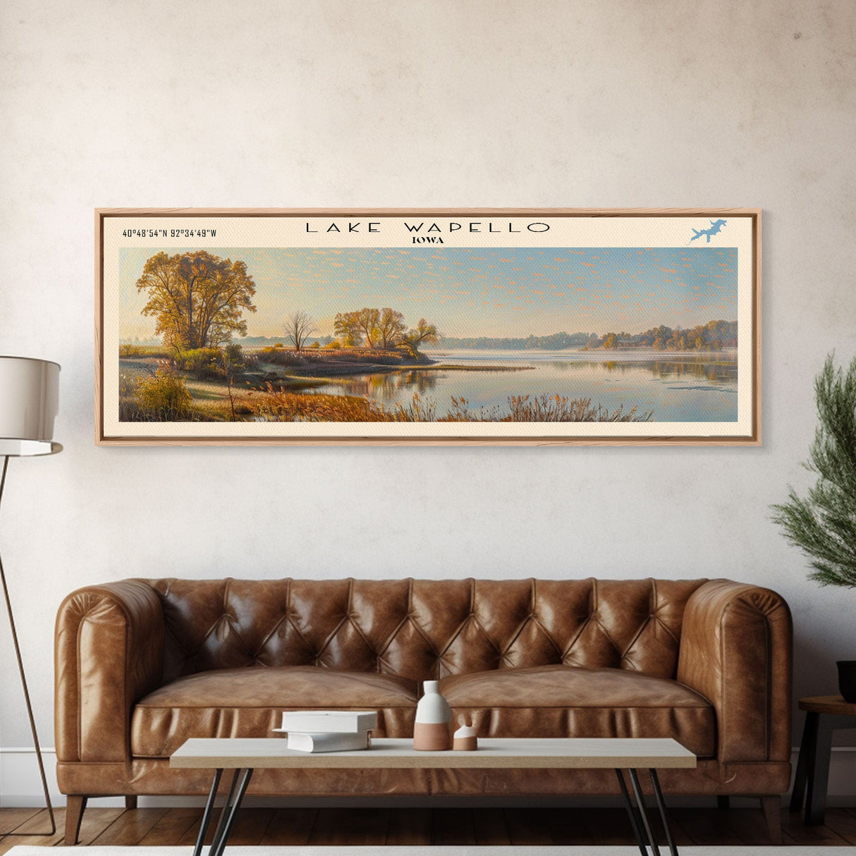 Lake Wapello Iowa Framed Canvas Print, Lake House Decor, Panoramic Wall Art, Travel Poster, Landscape Painting, Modern Art