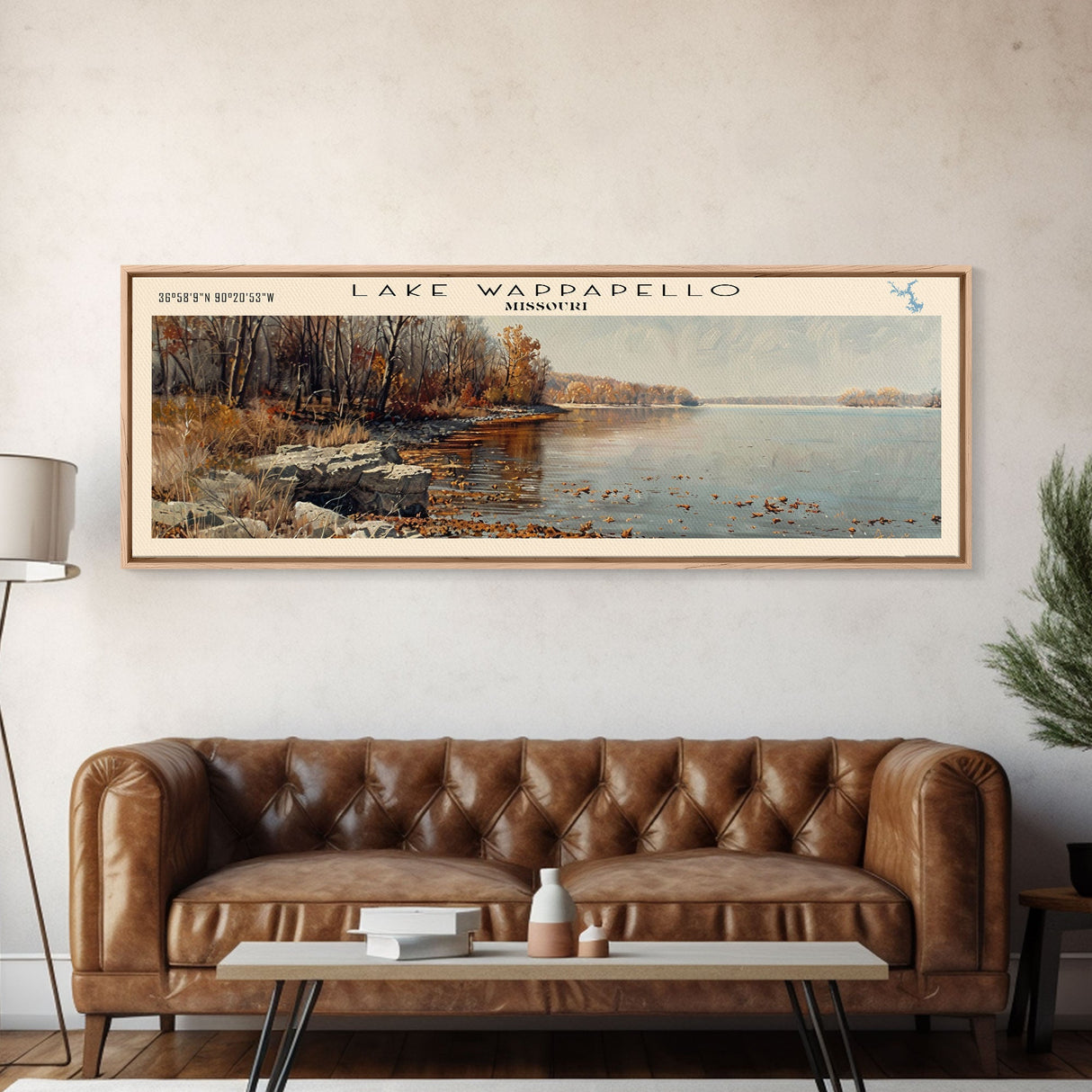 Lake Wappapello Missouri Framed Canvas Print, Lake House Decor, Panoramic Wall Art, Travel Poster, Scenic Landscape Painting, Contemporary Art