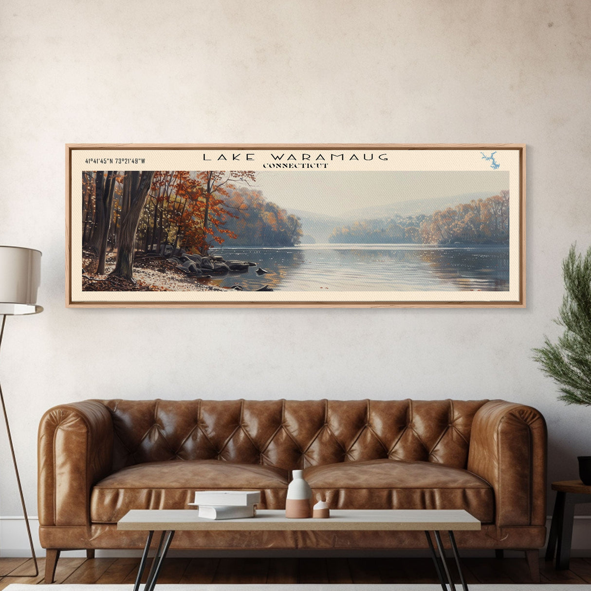 Lake Waramaug Connecticut Framed Canvas Print, Lake House Decor, Panoramic Wall Art, Travel Poster, Beautiful Landscape Painting, Rustic Art