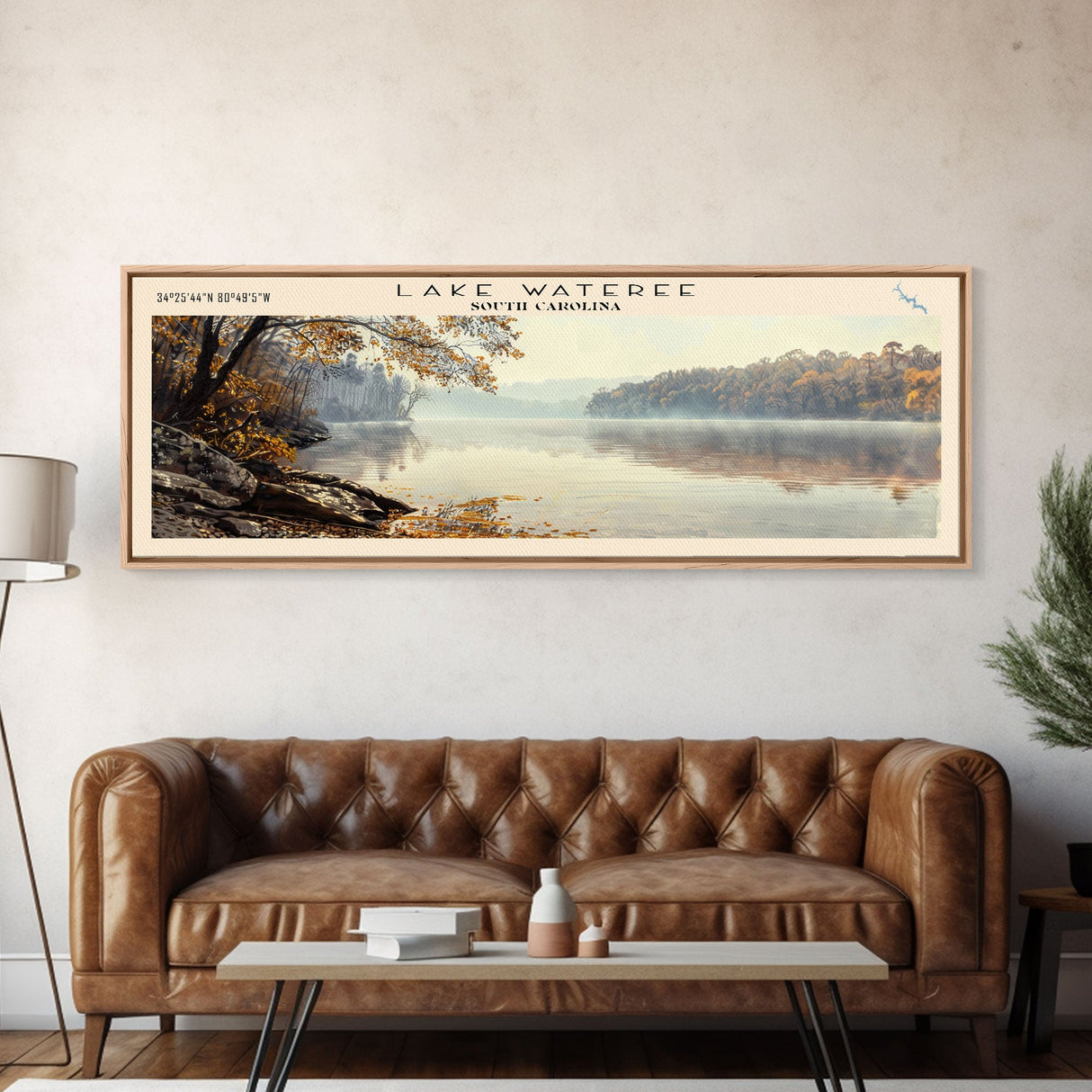 Lake Wateree South Carolina Framed Canvas Print, Lake House Decor, Panoramic Wall Art, Travel Poster, Beautiful Landscape Painting, Modern Art