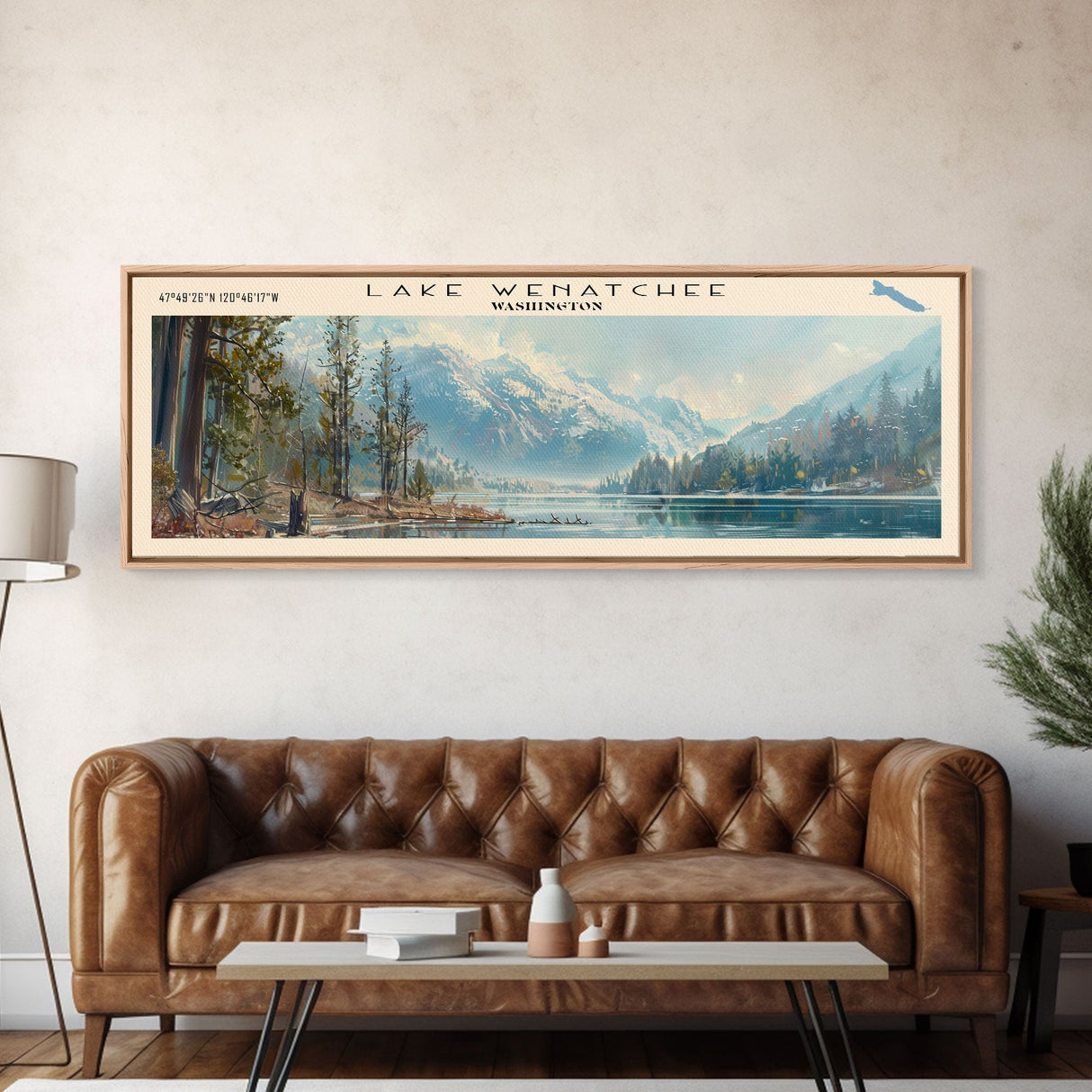 Lake Wenatchee Washington Framed Canvas Print, Lake House Decor, Panoramic Wall Art, Travel Poster, Landscape Painting, Contemporary Art