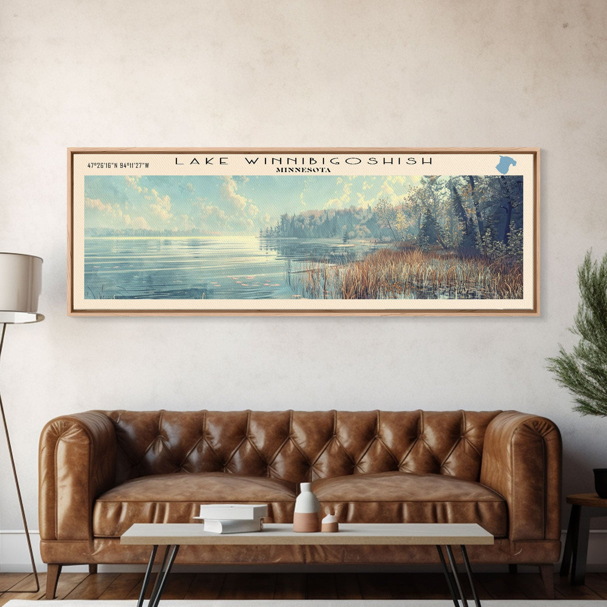 Lake Winnibigoshish Framed Canvas Print, Lake House Decor, Panoramic Wall Art, Travel Poster, Landscape Painting, Bedroom Decor