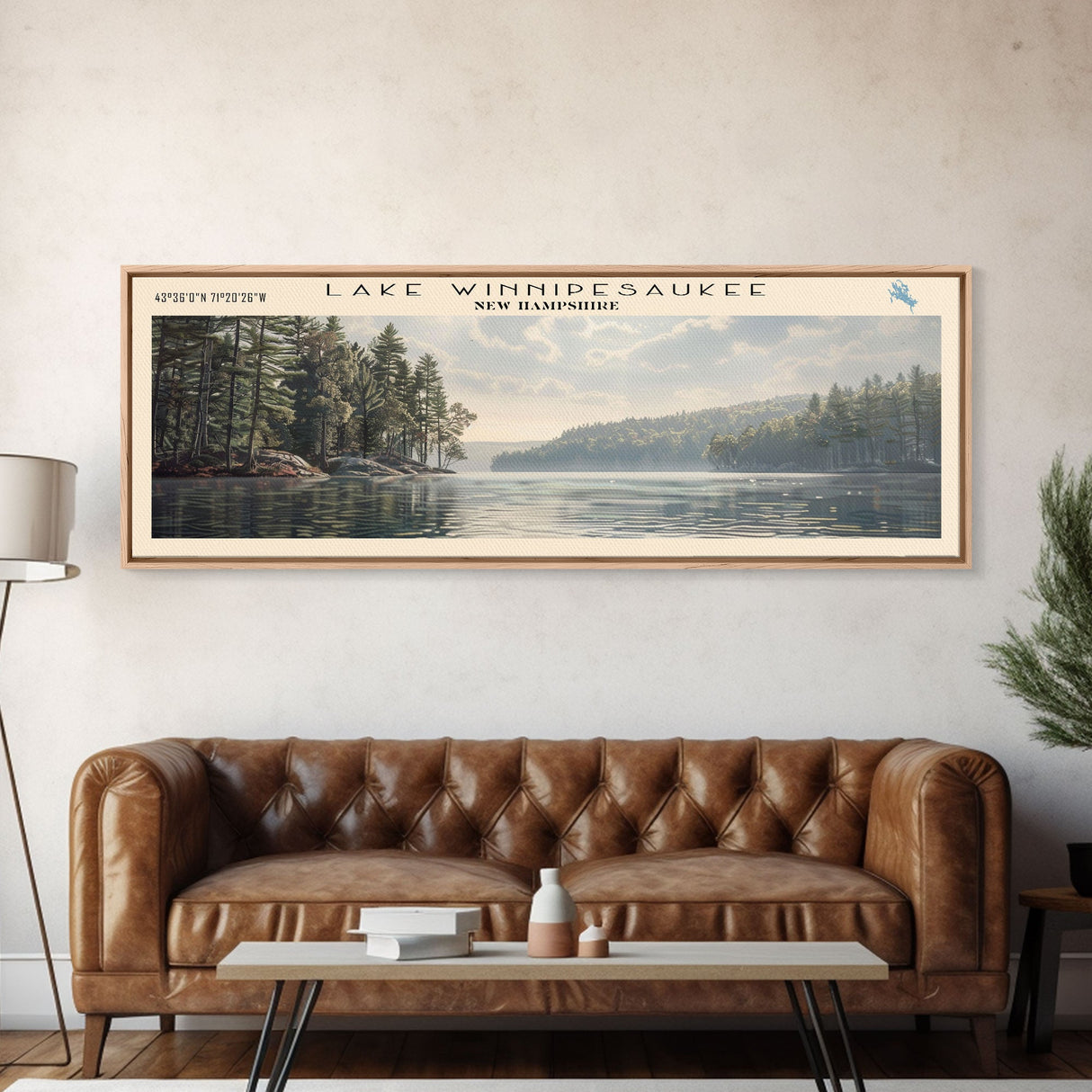 Lake Winnipesaukee Framed Canvas Print, Lake House Decor, Panoramic Wall Art, Travel Poster, Landscape Painting, Modern Art