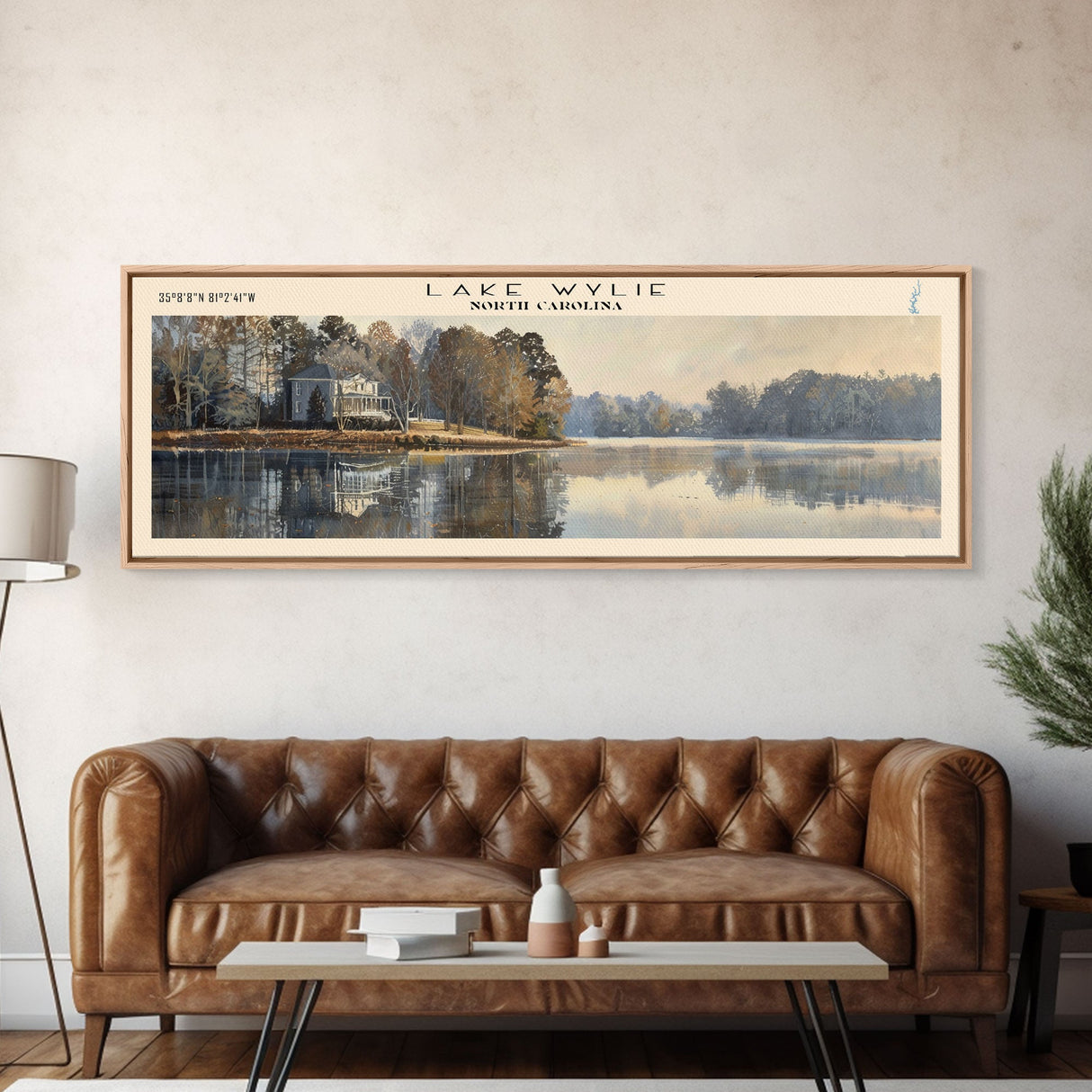 Lake Wylie North Carolina Framed Canvas Print, Lake House Decor, Panoramic Wall Art, Travel Poster, Scenic Landscape Painting, Contemporary Art