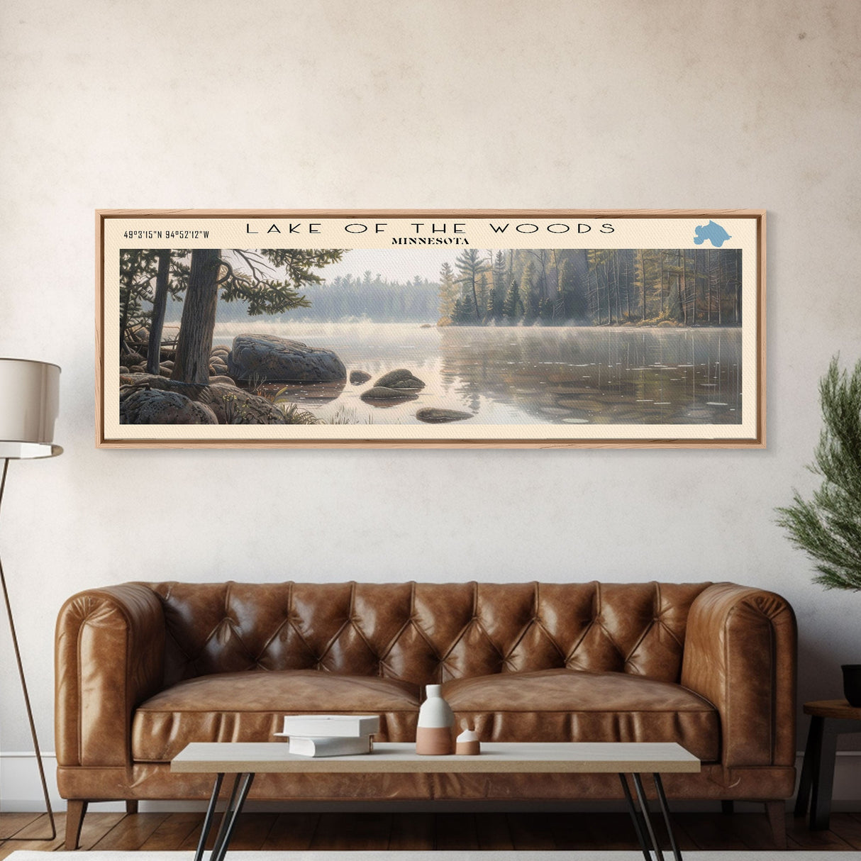 Lake of the Woods Framed Canvas Print, Lake House Decor, Panoramic Wall Art, Travel Poster, Landscape Painting, Contemporary Art