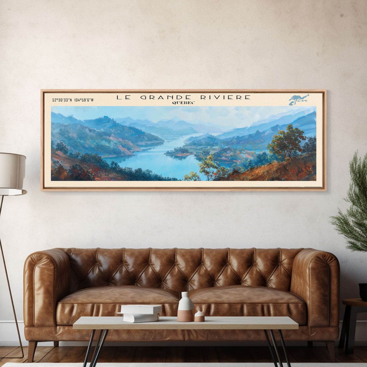 Le Grande Riviere Framed Canvas Print, Lake House Decor, Panoramic Wall Art, Travel Poster, Landscape Painting, Contemporary Art