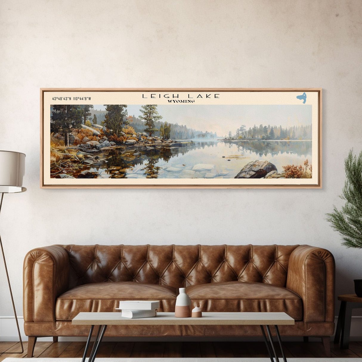 Leigh Lake Wyoming Framed Canvas Print, Lake House Decor, Panoramic Wall Art, Travel Poster, Beautiful Landscape Painting, Living Room Decor