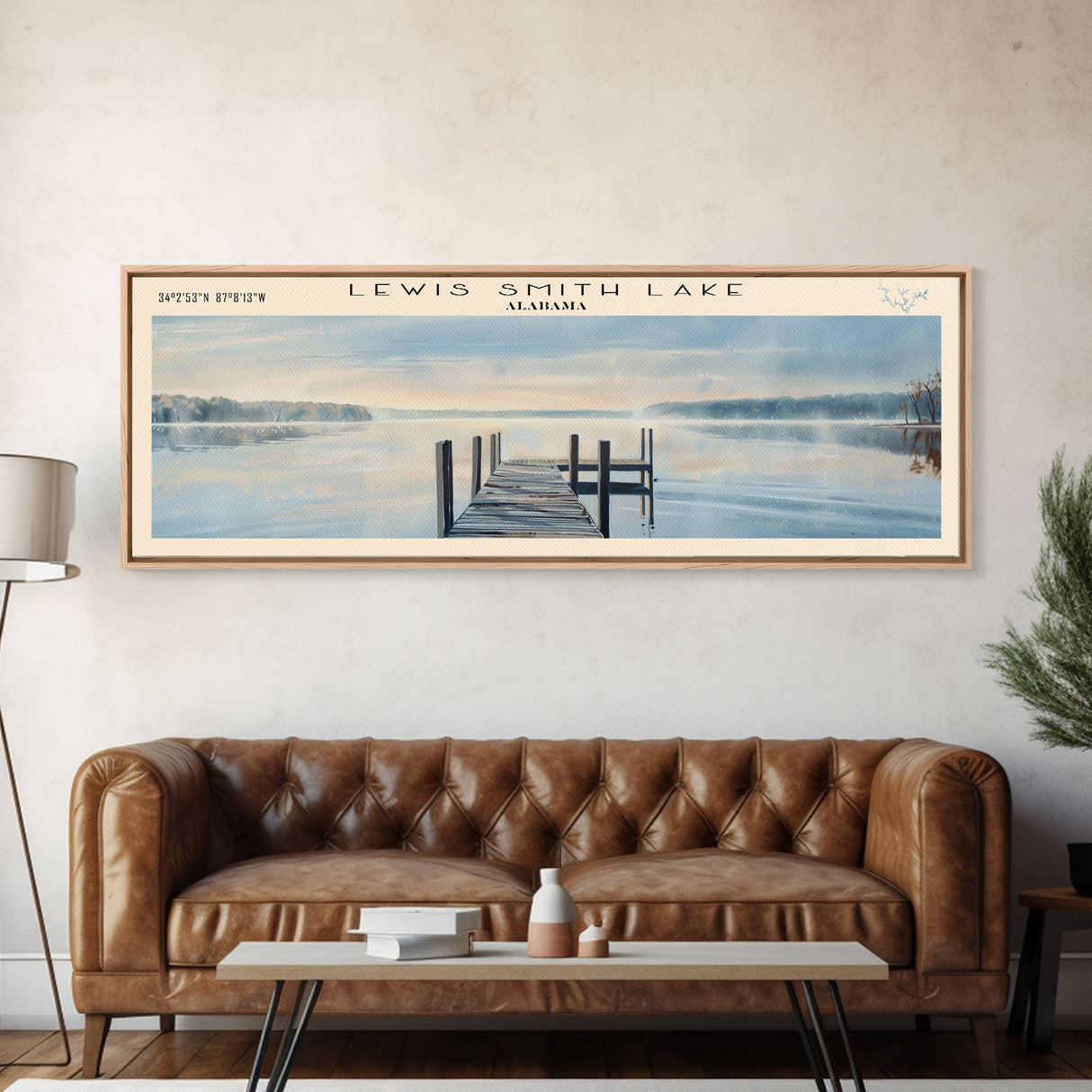 Lewis Smith Lake Alabama Framed Canvas Print, Lake House Decor, Panoramic Wall Art, Travel Poster, Landscape Painting, Modern Art