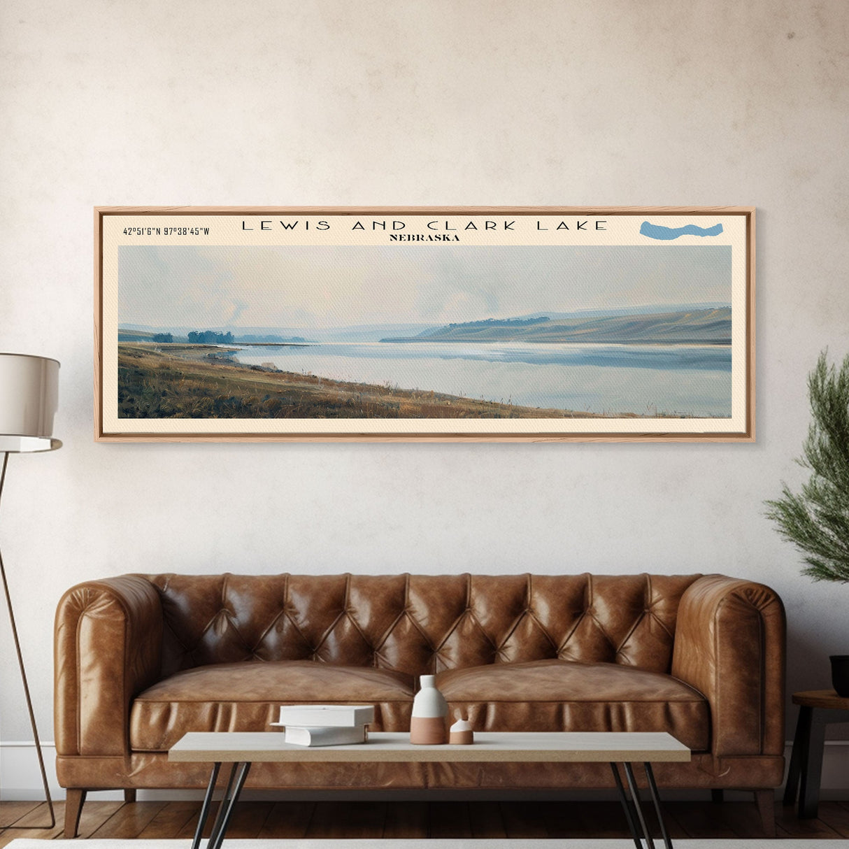 Lewis And Clark Lake Nebraska Framed Canvas Print, Lake House Decor, Panoramic Wall Art, Travel Poster, Scenic Landscape Painting, Contemporary Art