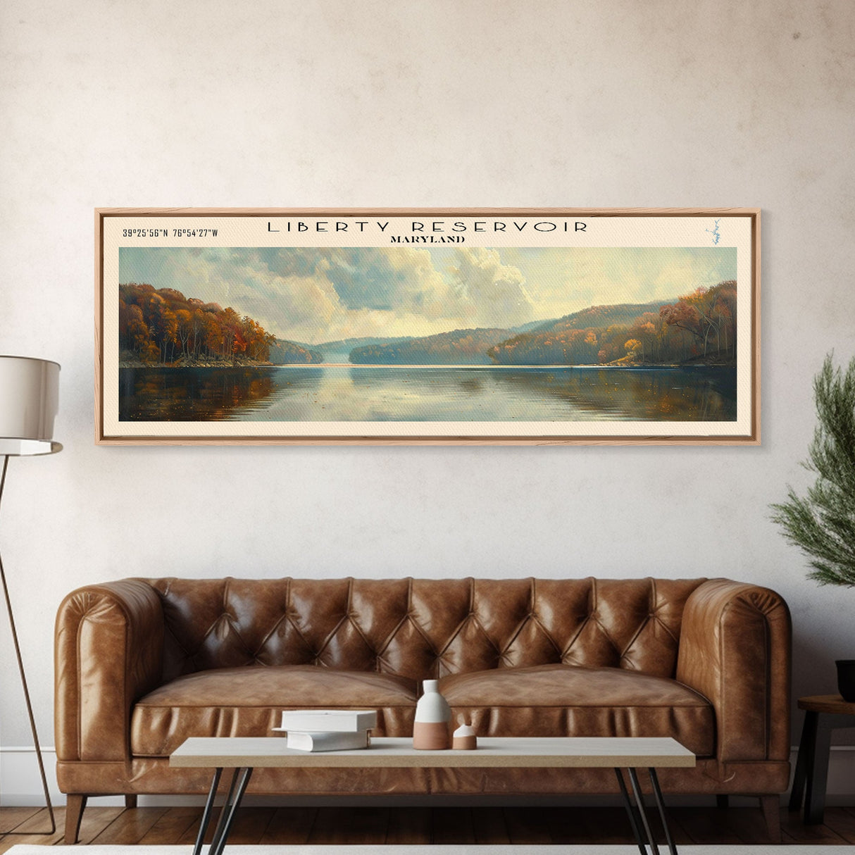 Liberty Reservoir Framed Canvas Print, Lake House Decor, Panoramic Wall Art, Travel Poster, Beautiful Landscape Painting, Rustic Art