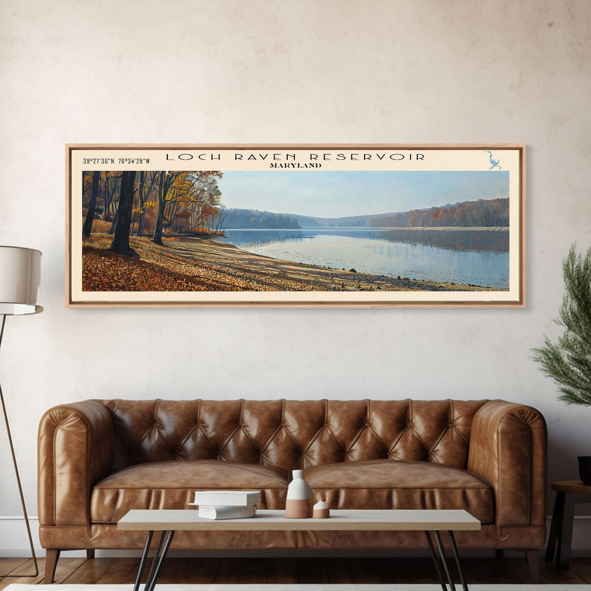 Loch Raven Reservoir Maryland Framed Canvas Print, Lake House Decor, Panoramic Wall Art, Travel Poster, Landscape Painting, Contemporary Art