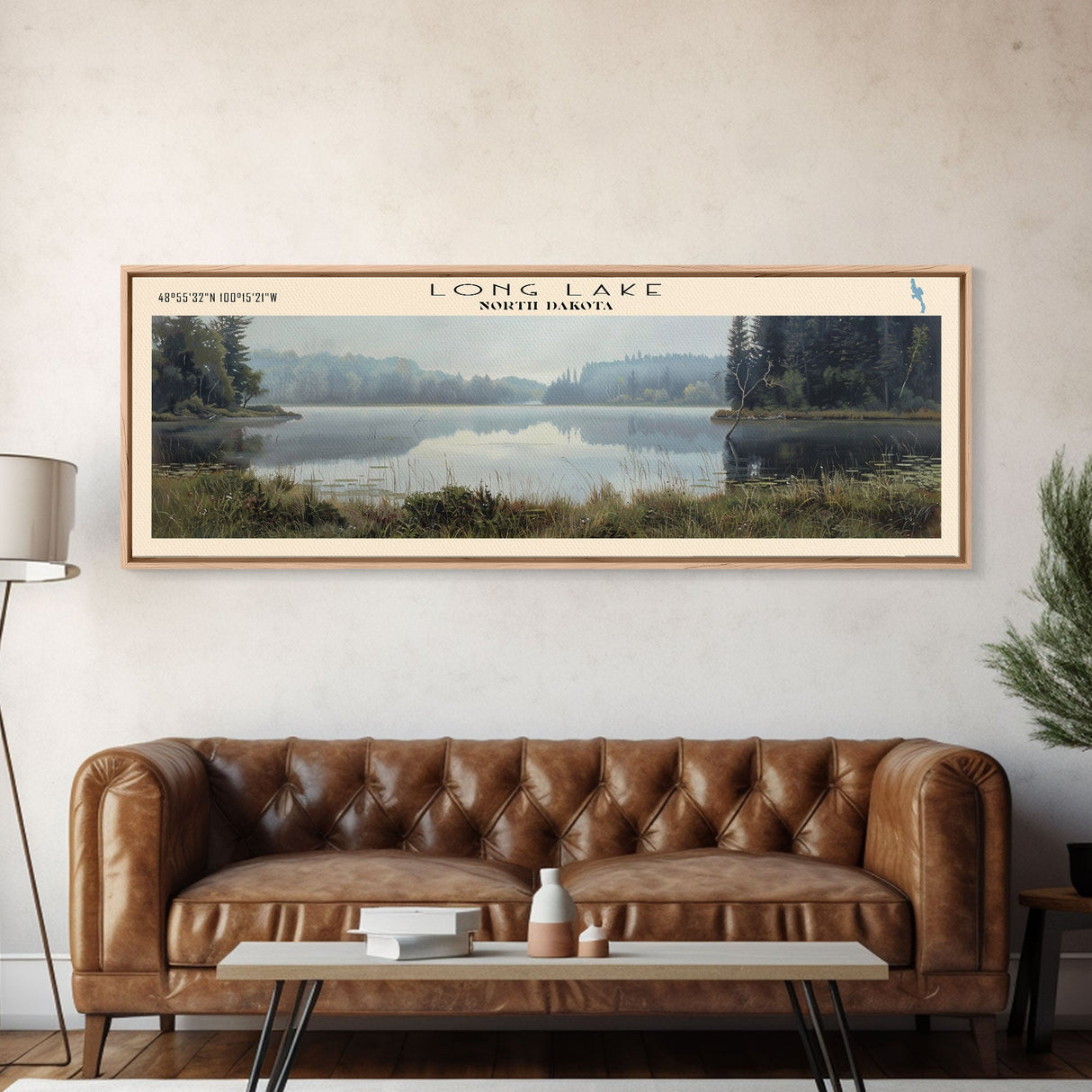 Long Lake North Dakota Framed Canvas Print, Lake House Decor, Panoramic Wall Art, Travel Poster, Landscape Painting, Bedroom Decor