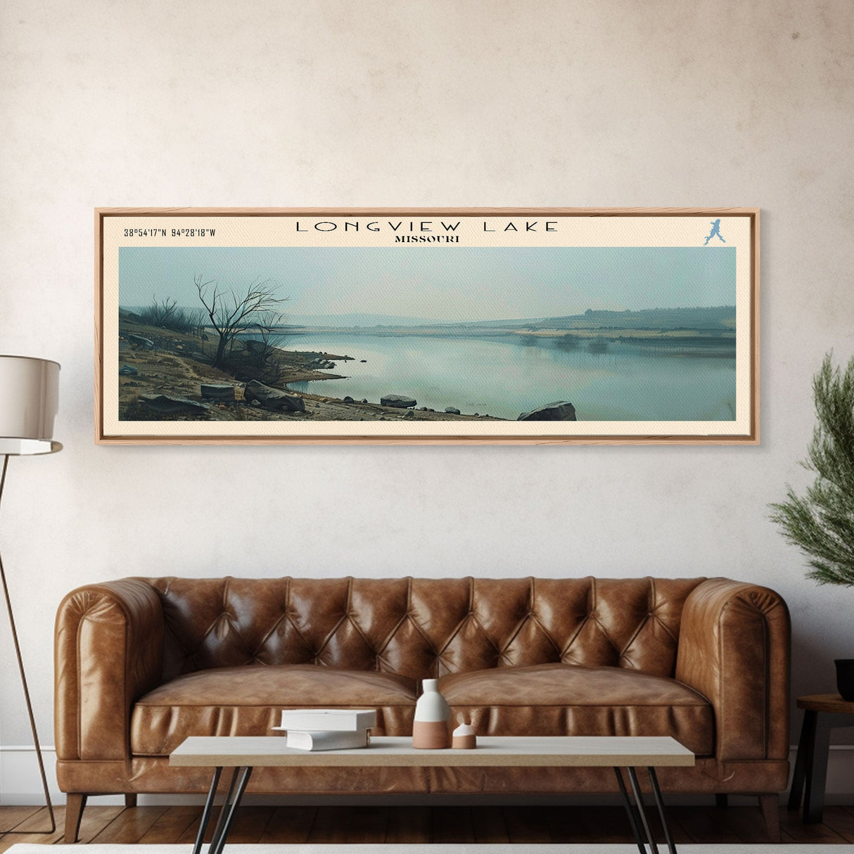 Longview Lake Missouri Framed Canvas Print, Lake House Decor, Panoramic Wall Art, Travel Poster, Beautiful Landscape Painting, Modern Art