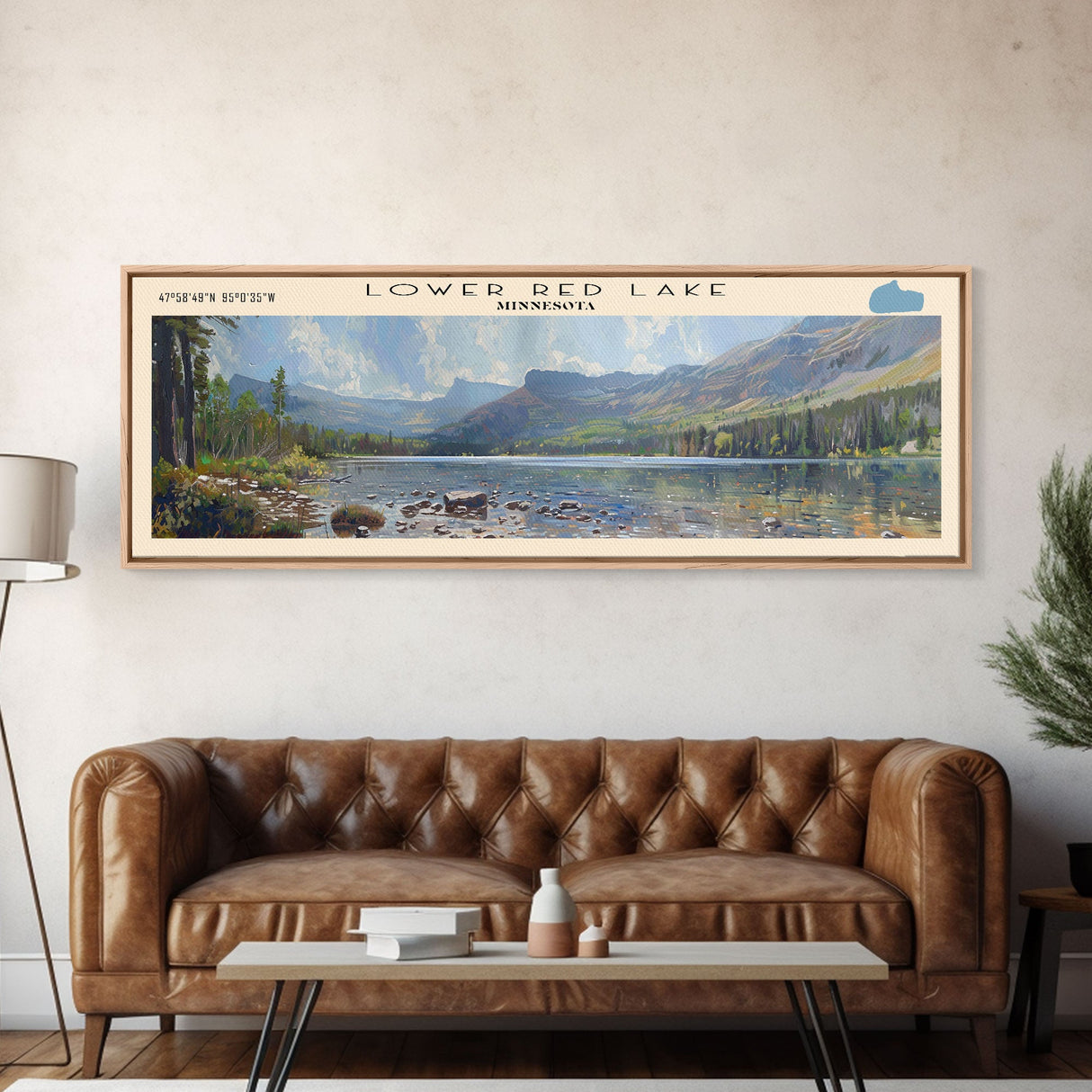 Lower Red Lake Framed Canvas Print, Lake House Decor, Panoramic Wall Art, Travel Poster, Beautiful Landscape Painting, Living Room Decor