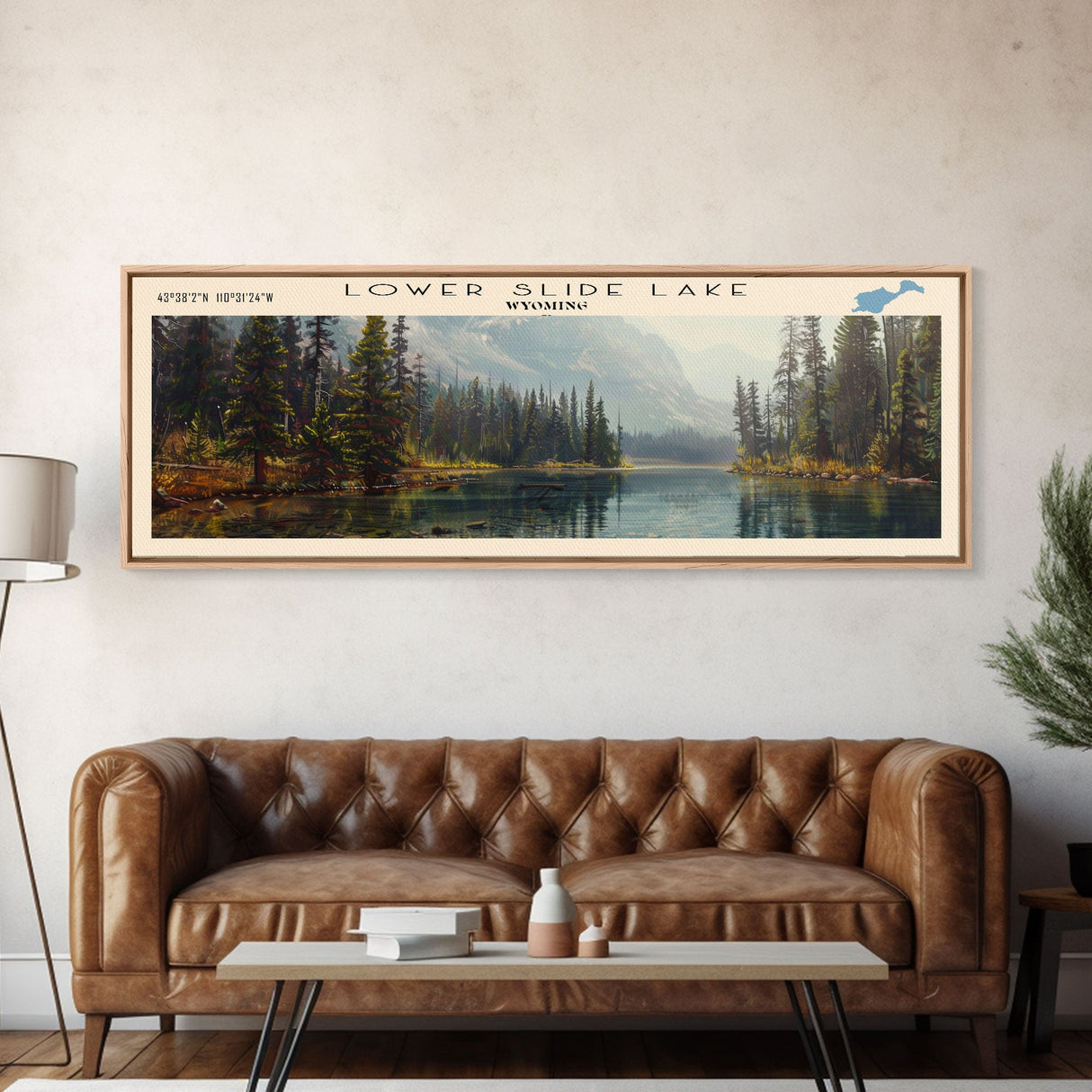 Lower Slide Lake Wyoming Framed Canvas Print, Lake House Decor, Panoramic Wall Art, Travel Poster, Landscape Painting, Bedroom Decor