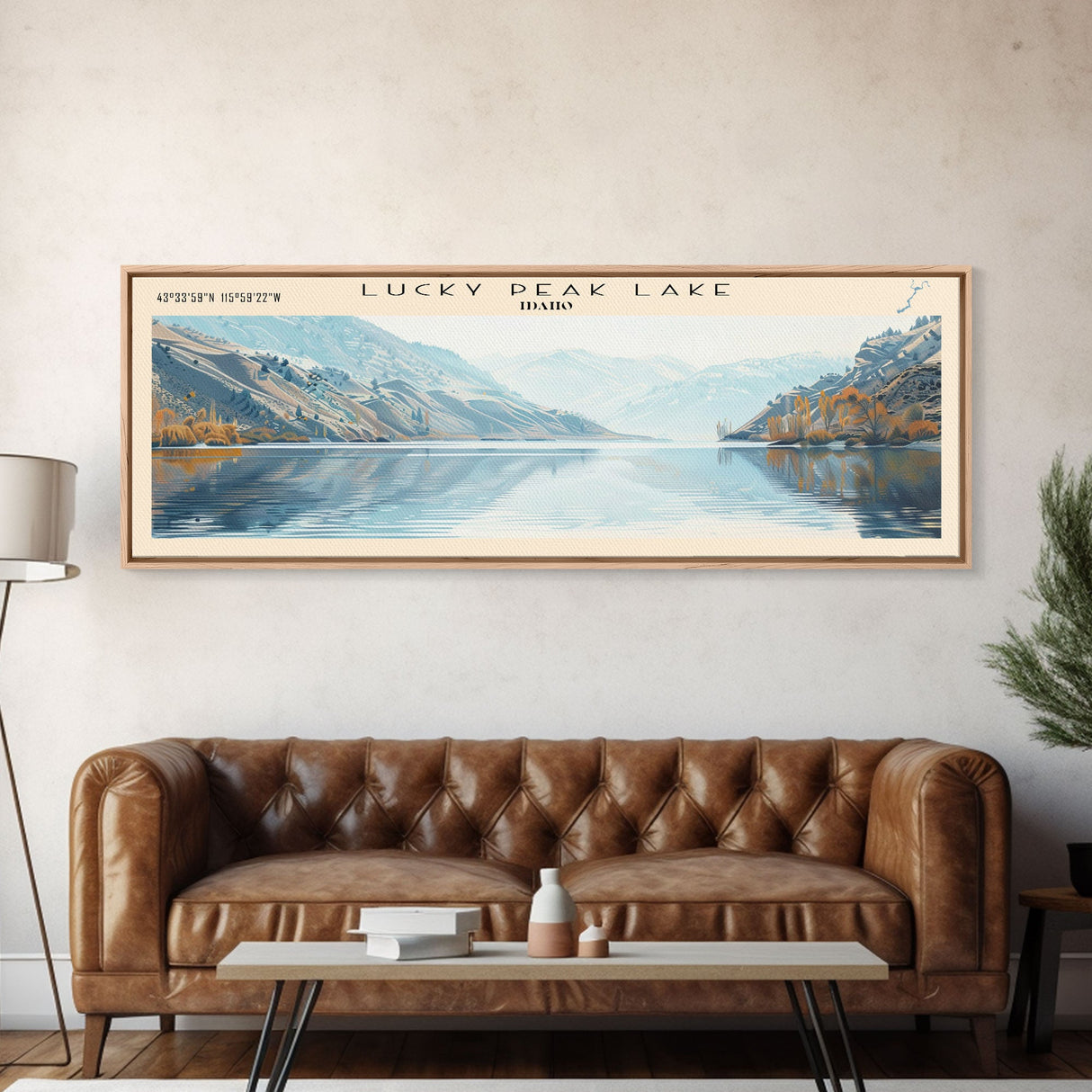 Lucky Peak Lake Idaho Framed Canvas Print, Lake House Decor, Panoramic Wall Art, Travel Poster, Landscape Painting, Modern Art