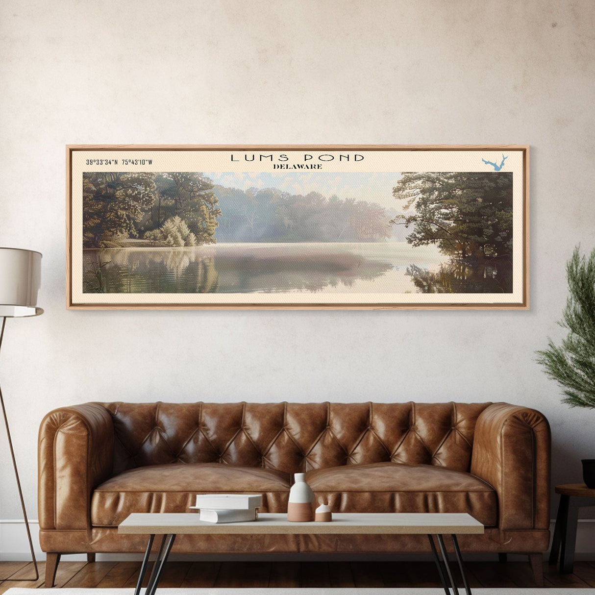 Lums Pond Delaware Framed Canvas Print, Lake House Decor, Panoramic Wall Art, Travel Poster, Scenic Landscape Painting, Contemporary Art