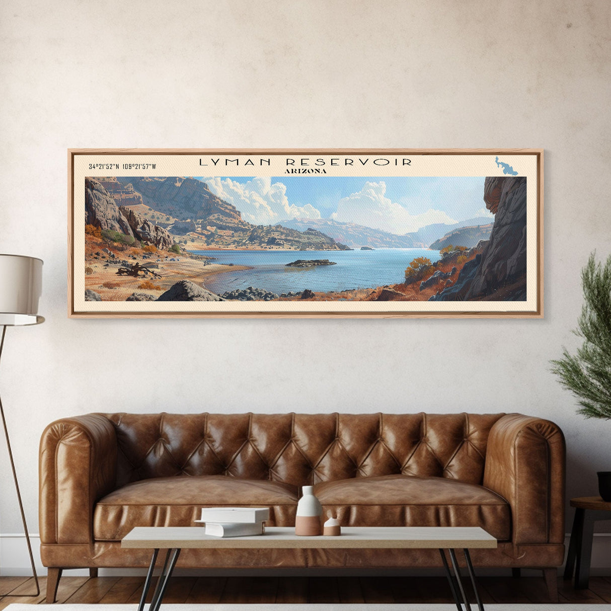 Lyman Reservoir Arizona Framed Canvas Print, Lake House Decor, Panoramic Wall Art, Travel Poster, Beautiful Landscape Painting, Rustic Art