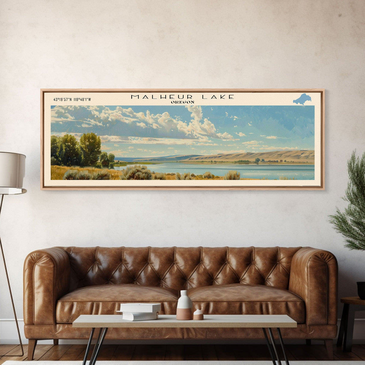 Malheur Lake Framed Canvas Print, Lake House Decor, Panoramic Wall Art, Travel Poster, Landscape Painting, Contemporary Art