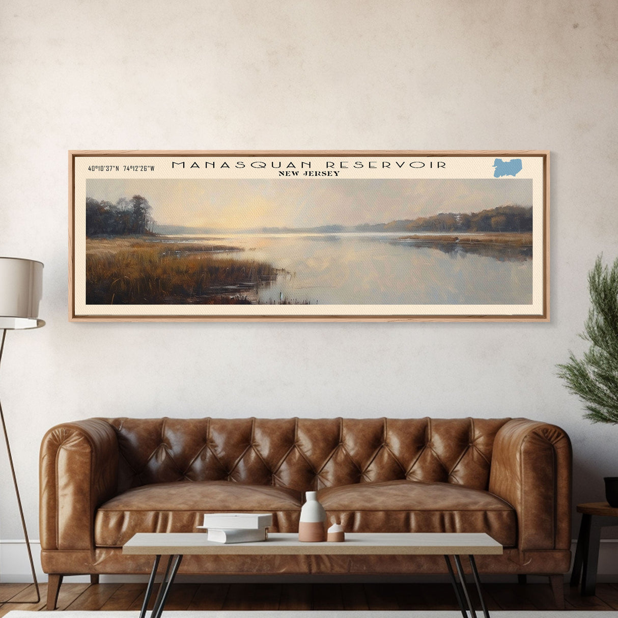 Manasquan Reservoir New Jersey Framed Canvas Print, Lake House Decor, Panoramic Wall Art, Travel Poster, Beautiful Landscape Painting, Modern Art