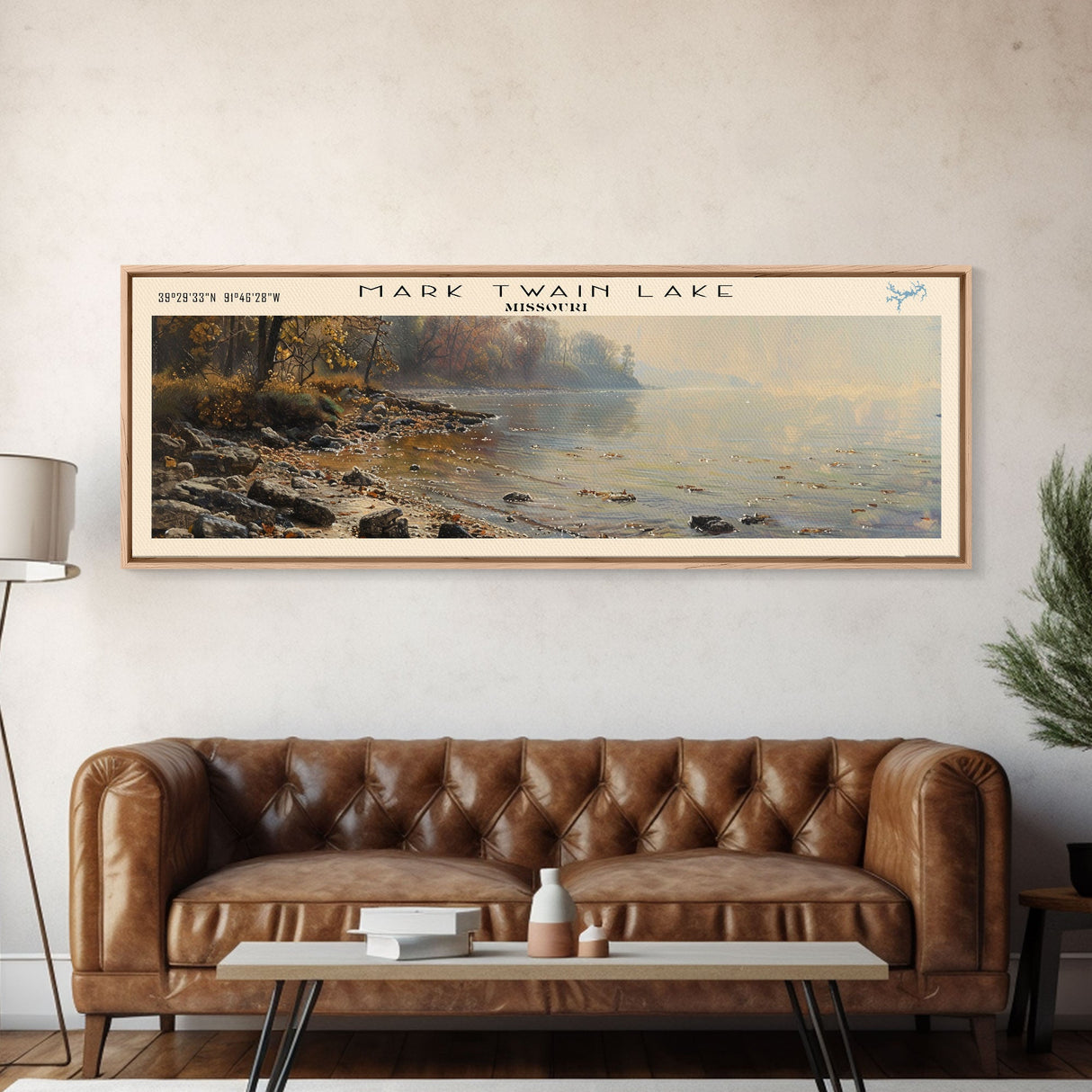 Mark Twain Lake Missouri Framed Canvas Print, Lake House Decor, Panoramic Wall Art, Travel Poster, Landscape Painting, Bedroom Decor