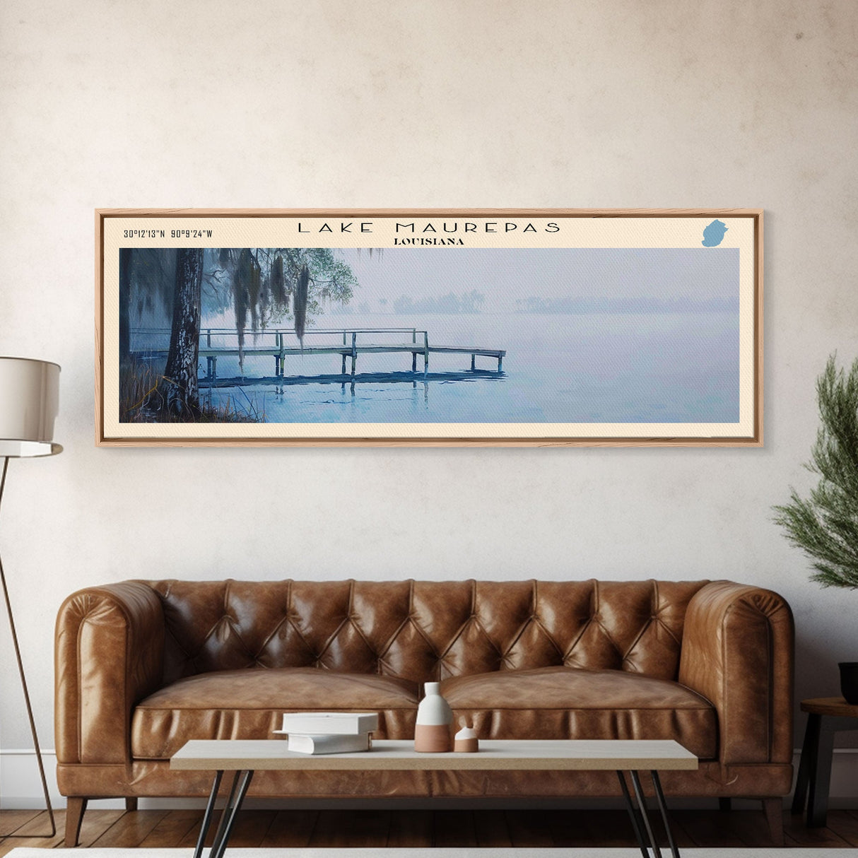 Maurepas Lake Framed Canvas Print, Lake House Decor, Panoramic Wall Art, Travel Poster, Landscape Painting, Modern Art