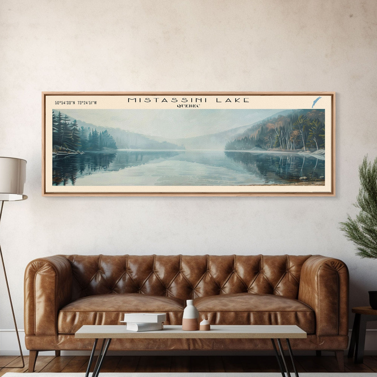 Mistassini Lake Framed Canvas Print, Lake House Decor, Panoramic Wall Art, Travel Poster, Beautiful Landscape Painting, Living Room Decor