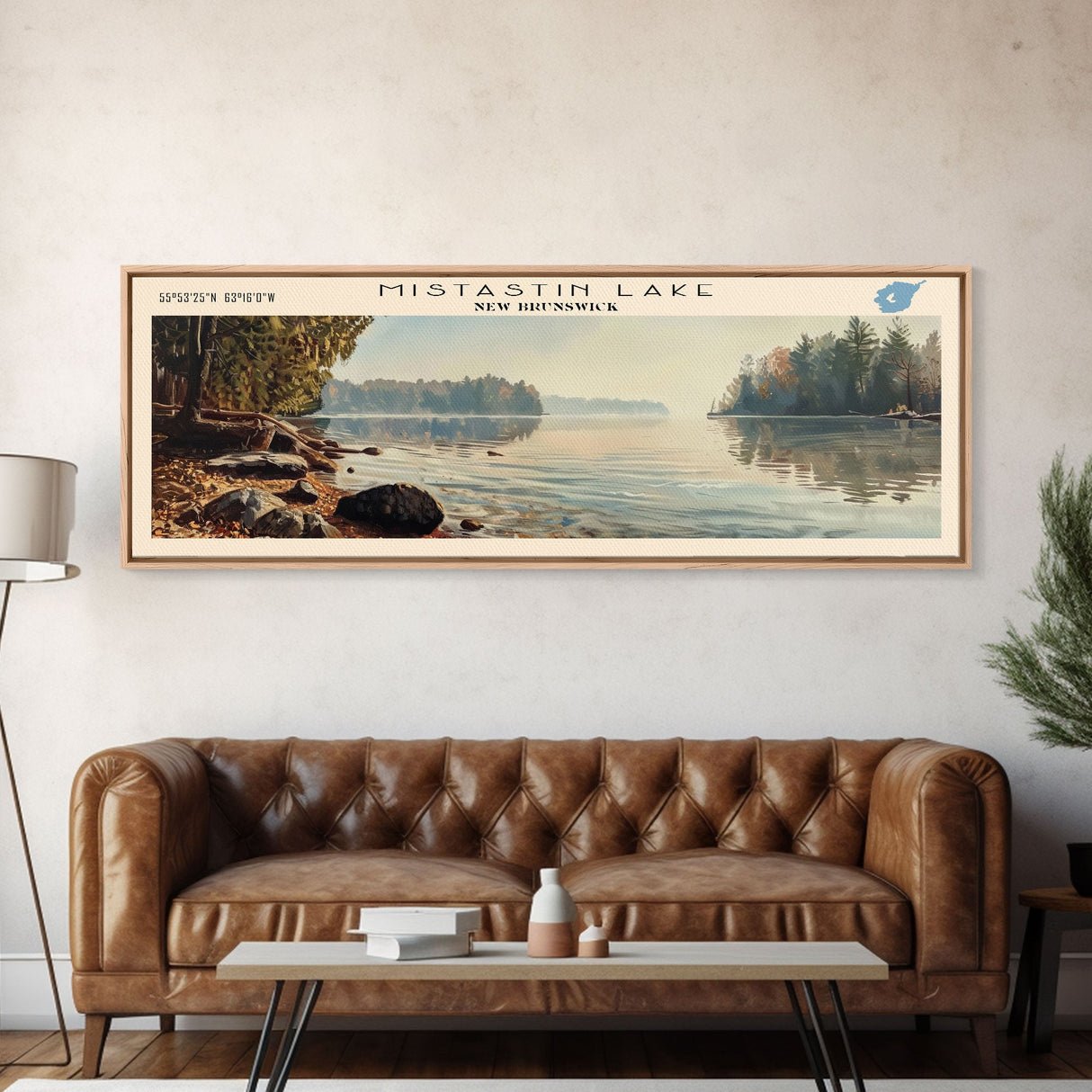 Mistastin Lake Framed Canvas Print, Lake House Decor, Panoramic Wall Art, Travel Poster, Landscape Painting, Modern Art