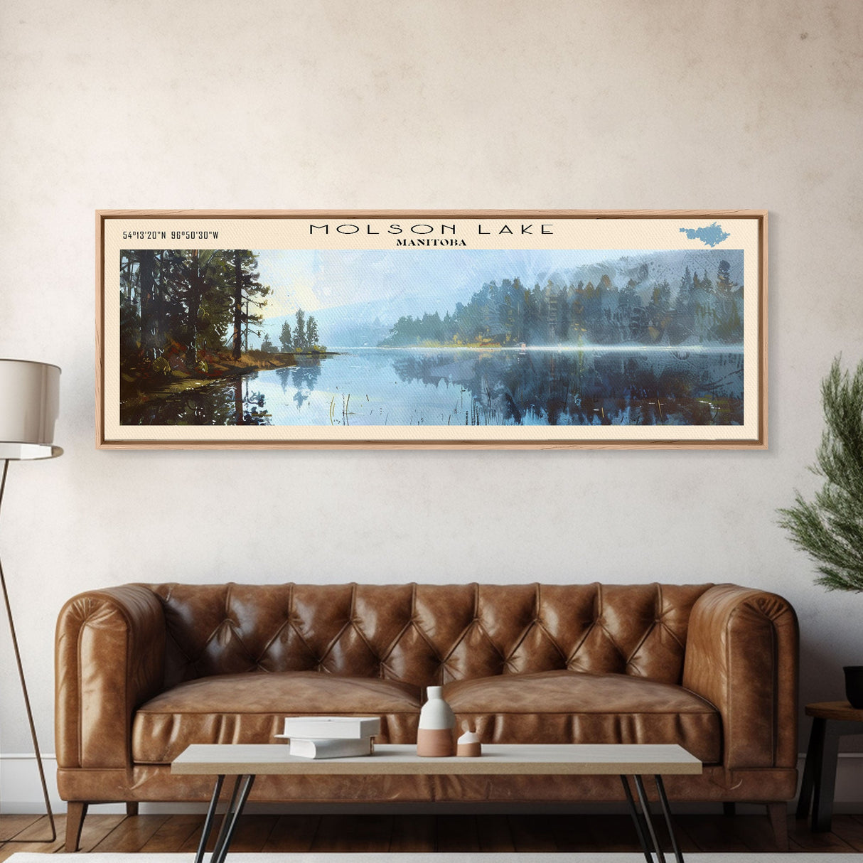 Molson Lake Framed Canvas Print, Lake House Decor, Panoramic Wall Art, Travel Poster, Scenic Landscape Painting, Contemporary Art