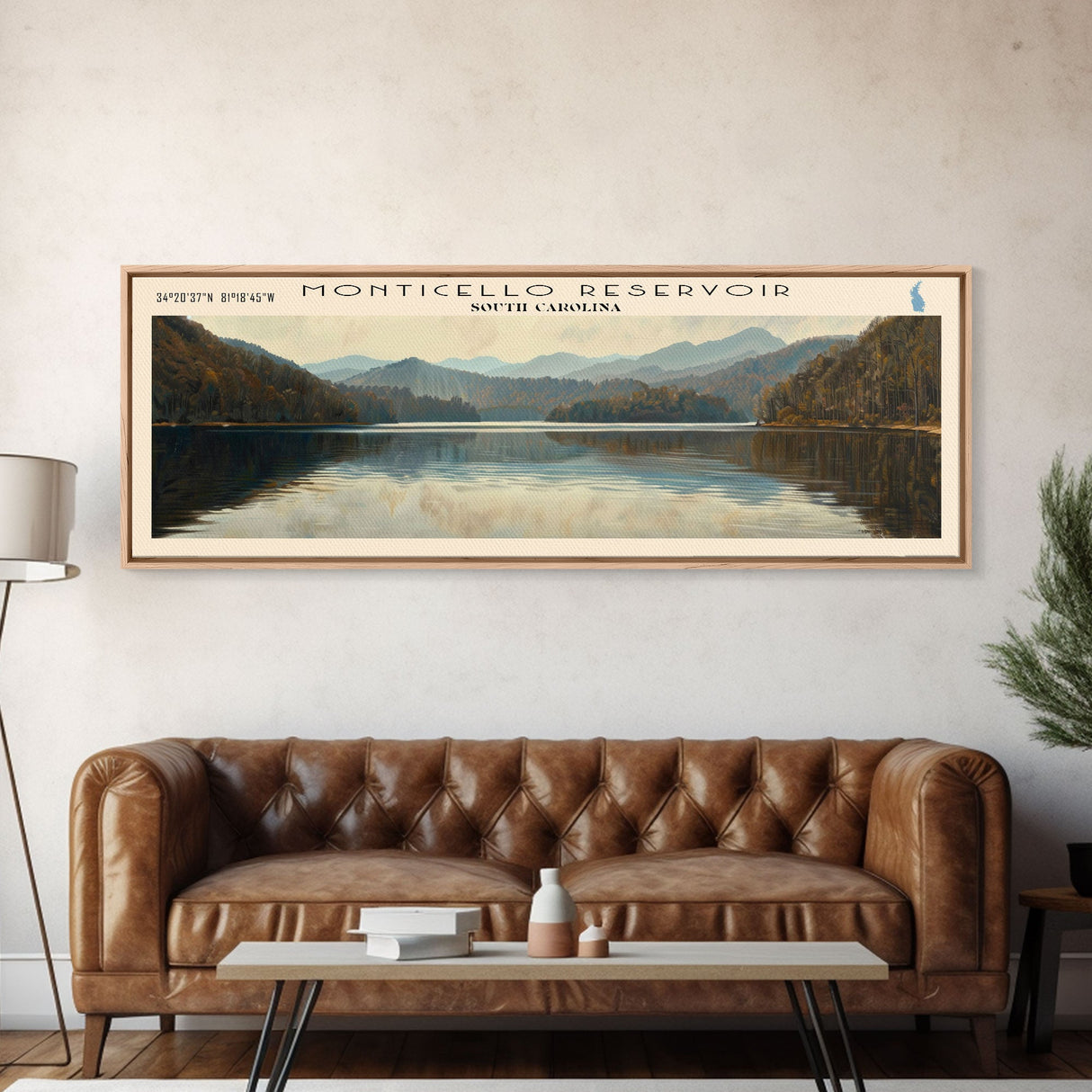 Monticello Reservoir South Carolina Framed Canvas Print, Lake House Decor, Panoramic Wall Art, Travel Poster, Scenic Landscape Painting, Contemporary Art