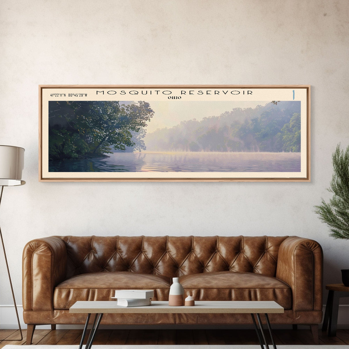 Mosquito Reservoir Ohio Framed Canvas Print, Lake House Decor, Panoramic Wall Art, Travel Poster, Beautiful Landscape Painting, Modern Art