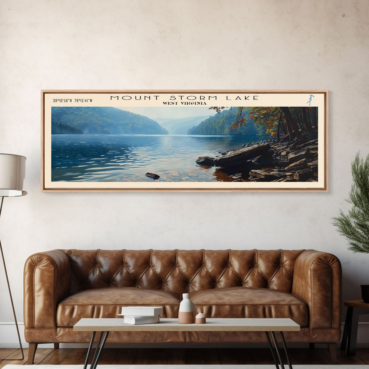 Mount Storm Lake West Virginia Framed Canvas Print, Lake House Decor, Panoramic Wall Art, Travel Poster, Landscape Painting, Contemporary Art