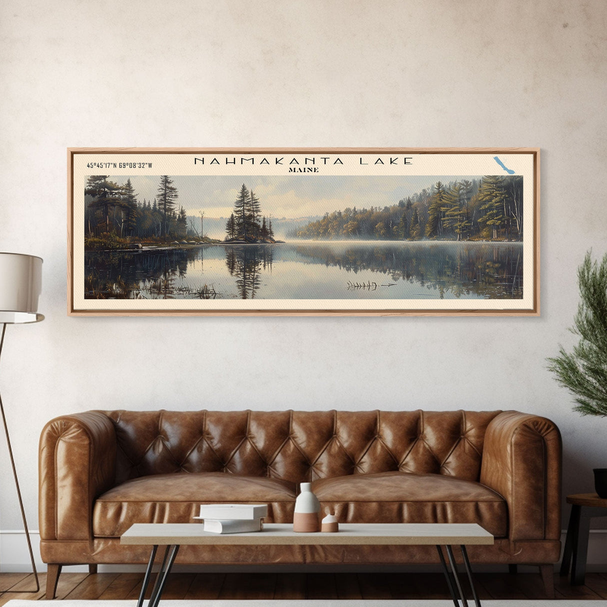 Nahmakanta Lake Maine Framed Canvas Print, Lake House Decor, Panoramic Wall Art, Travel Poster, Beautiful Landscape Painting, Living Room Decor