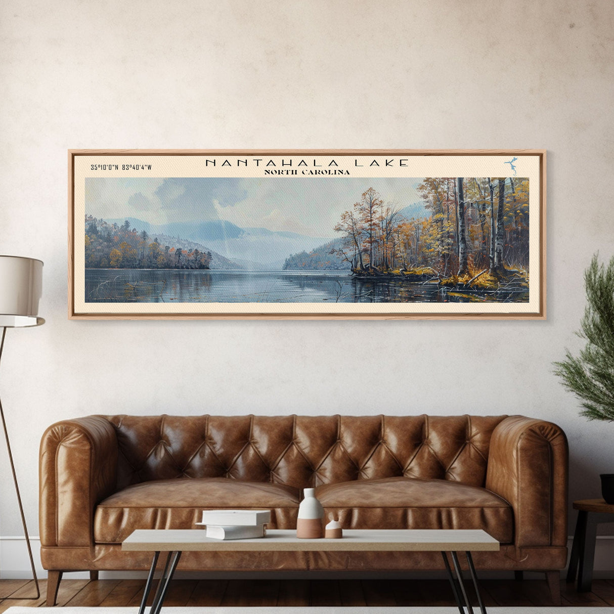 Nantahala Lake North Carolina Framed Canvas Print, Lake House Decor, Panoramic Wall Art, Travel Poster, Scenic Landscape Painting, Contemporary Art