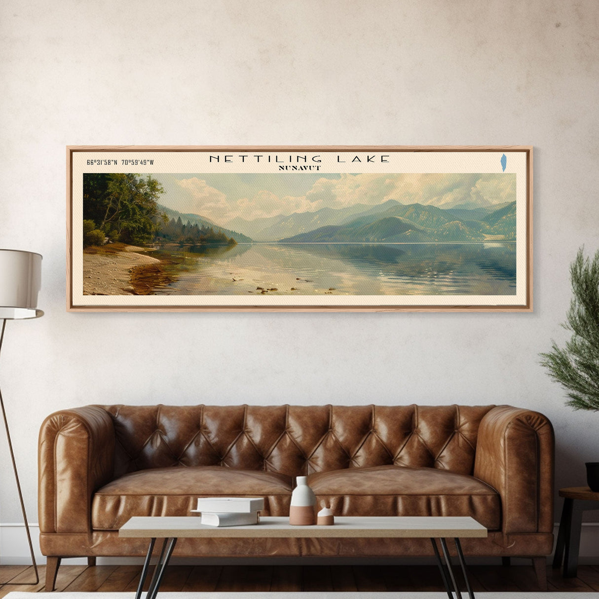 Nettiling Lake Framed Canvas Print, Lake House Decor, Panoramic Wall Art, Travel Poster, Beautiful Landscape Painting, Living Room Decor